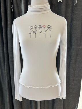 White Floral Turtleneck Long-Sleeve Top